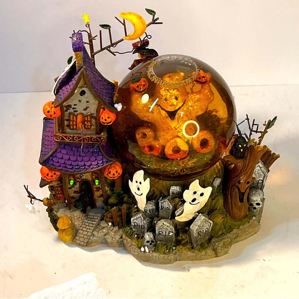 Large Animated Musical Halloween Snow Water Globe Ghost and Pumpkin.